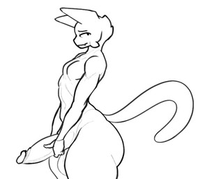 anthro big_butt big_penis butt genitals holding_penis huge_penis male penis pent_up simple_background solo standing thick_thighs sterka domestic_cat felid feline felis mammal absurd_res hi_res monochrome