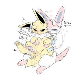 accessory ambiguous_gender animal_genitalia animal_penis black_inner_ear black_sclera blue_inner_ear blue_sclera blush blush_lines bodily_fluids bow_ribbon canine_genitalia canine_penis cum cumshot duo ejaculation feral fur genital_fluids genitals hair_accessory hair_bow hair_ribbon heart_symbol holding_another knot knotted_penis looking_pleasured male moan pawpads paws penis pink_ears pink_pawpads pink_penis pupils ribbonjob ribbons simple_background smile text tongue tongue_out white_background white_body white_fur white_pupils yellow_body yellow_ears yellow_fur vitame83 nintendo pokemon eeveelution generation_1_pokemon generation_6_pokemon jolteon pokemon_(species) sylveon 1:1 2025 colored digital_drawing_(artwork) digital_media_(artwork) hi_res korean_text translated