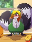 anthro big_breasts big_tail blonde_hair blush breasts chest_tuft cleavage clothed clothing exercise female fluffy fluffy_tail footwear fur grey_body grey_fur hair huge_breasts inside long_tail looking_down multicolored_body multicolored_fur multicolored_hair orange_hair push-up red_eyes shirt shoes solo tail topwear tuft two_tone_body two_tone_fur mastergodai breya lemur mammal primate strepsirrhine 2018 3:4 hi_res