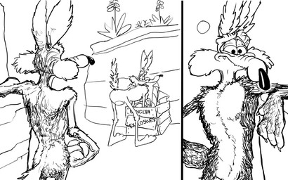4_fingers after_transformation anthro butt casual_nudity chest_tuft clone collarbone crouching desert duo explosives featureless_butt fingers fur humor leaning male monobutt nude pecs plant presenting rear_view rock shoulder_blades spine standing suggestive sun tail toony tuft swatcher looney_tunes warner_brothers wile_e._coyote canid canine canis coyote mammal 16:10 black_and_white monochrome widescreen
