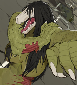 abs aircraft anthro areola big_breasts black_hair bone breasts brown_areola brown_nipples claws exposed_muscle female front_view green_body green_scales hair helicopter huge_breasts long_hair long_tongue navel nipples nude pink_tongue scales skull skull_head solo tongue vehicle white_claws yolabayola1 scp_foundation scp-682 monster reptile scalie absurd_res hi_res