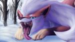 ambiguous_gender blue_eyes bodily_fluids fangs feral looking_at_viewer mouth_shot open_mouth saliva saliva_string sharp_teeth snow solo teeth tongue tongue_out magpie_magnetism nintendo pokemon arcanine canid canine generation_1_pokemon mammal pokemon_(species) 16:9 4k absurd_res hi_res widescreen