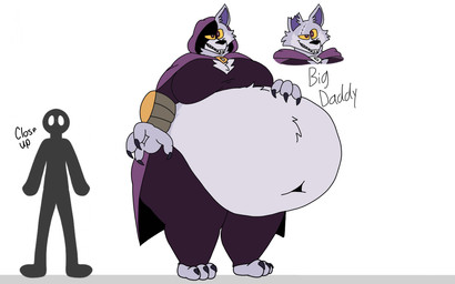 anthro barefoot belly big_belly bloated bottomwear cape claws cloak clothed clothing deep_navel fangs feet fur grey_body grey_fur hand_on_belly huge_belly male male_pred moobs navel overweight overweight_anthro overweight_male pants scar simple_background smile solo supervillain teeth text toes topwear torn_ear wide_hips yellow_eyes jayme_universe canid canine canis mammal wolf digital_media_(artwork) english_text hi_res