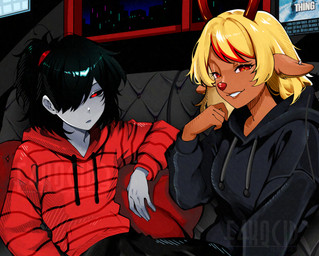 alternate_costume alternate_universe alternative_fashion ambiguous_gender anthro black_hair blonde_hair brown_body brown_fur call_of_the_frostmancer clothing female female/ambiguous fur goth grey_body grey_skin hair hoodie looking_at_viewer pattern_clothing red_clothing red_hoodie red_topwear striped_clothing stripes the_player_(call_of_the_frostmancer) tied_hair topwear f4kqcid3 deltarune the_thing undertale_(series) noelle_holiday vessel_(deltarune) deer humanoid mammal new_world_deer vessel_(species) absurd_res hi_res