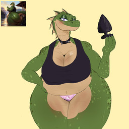 anthro big_breasts biped breasts butt buttplug clothed clothing collar female female_anthro green_body multicolored_body overweight overweight_female plug_(sex_toy) sex_toy simple_background solo spiked_collar spikes thick_thighs two_tone_body yellow_background ai_generated_reference l0oui5 thedrawart5 hello_kitty_(series) mythology sanrio dragon mythological_creature mythological_scalie reptile scalie 1:1