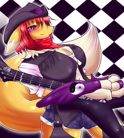 anthro armwear breasts bridal_gauntlets clothing countershading dipstick_tail electric_guitar female fur guitar hair kemono markings multicolored_body multicolored_fur multicolored_tail musical_instrument plucked_string_instrument red_hair short_hair solo string_instrument tail tail_markings two_tone_body two_tone_fur two_tone_tail white_body white_fur white_tail yellow_body yellow_fur yellow_tail yin_yang geiru_mirua bandai_namco digimon canid canine digimon_(species) mammal renamon absurd_res digital_media_(artwork) hi_res