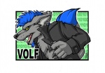 anthro blue_hair claws clothing ear_piercing facial_hair fur grey_body grey_fur hair looking_at_viewer male piercing solo tail tongue yellow_eyes jax_the_bat canid canine canis mammal wolf aliasing character_badge_(artwork) digital_media_(artwork)