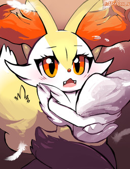3_fingers ambiguous_anthro ambiguous_gender anthro arm_tuft biped black_body black_fur blush blush_lines bodily_fluids cheek_tuft chest_tuft cute_fangs dipstick_tail eyebrows eyelashes facial_tuft fangs feathers fingers flying_sweatdrops front_view fur gradient_background hip_tuft hug hugging_object hugging_pillow inner_ear_fluff kneeling looking_at_viewer markings multicolored_body multicolored_fur nude_ambiguous nude_anthro open_mouth orange_body orange_eyes orange_fur orange_inner_ear_fluff orange_nose pillow pointy_ears prick_ears seiza shoulder_tuft simple_background sitting solo sweat sweatdrop tail tail_markings teeth text thick_eyelashes tuft twitter_handle two_tone_tail white_body white_fur white_tail_tip yellow_body yellow_fur yellow_tail meekax_x nintendo pokemon braixen canid generation_6_pokemon mammal pokemon_(species) 2023 absurd_res artist_name colored digital_drawing_(artwork) digital_media_(artwork) hi_res portrait shaded three-quarter_portrait
