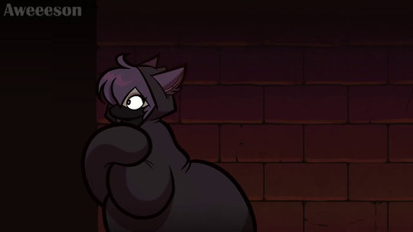 anthro areola big_breasts biped bouncing_breasts breasts brick brick_wall cloak clothed clothing female flashing front_view fupa genitals glistening glistening_body hair huge_breasts looking_at_viewer mask nipples no_underwear overweight overweight_female purple_hair solo thick_thighs vulva wall_(structure) aweeeson felid feline mammal animated no_sound short_playtime video