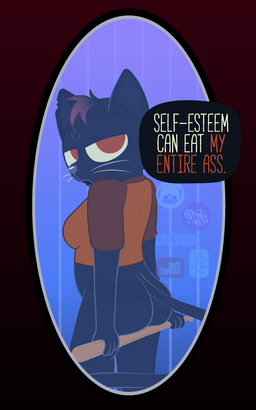 anthro baseball_bat bat_(object) bottomless butt clothed clothing dialogue female holding_baseball_bat lidded_eyes looking_at_mirror looking_at_object mirror mirror_reflection reflection solo speech_bubble talking_to_self text dm29 night_in_the_woods mae_borowski domestic_cat felid feline felis mammal 5:8 digital_media_(artwork) english_text