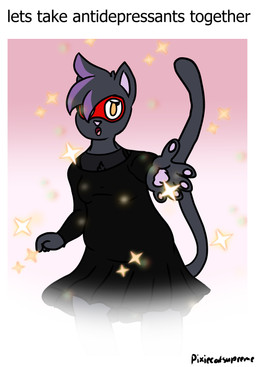 black_body black_clothing black_dress black_fur clothing dress eyewear fur glasses pink_nose sad shitpost sparkles tail text pixiecatsupreme let's_take_ibuprofen_together cloe_(pixiecatsupreme) domestic_cat european_shorthair felid feline felis mammal english_text hi_res meme nonbinary_(lore)