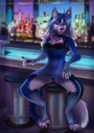 anthro bar barefoot biped black_bottomwear black_clothing black_pawpads blue_body blue_bottomwear blue_clothing blue_eyes blue_fur blue_hair blue_topwear blurred_background bottomwear breasts claws clothed clothing detailed_background digitigrade dress eyelashes feet female fingerless_(marking) flashing_panties front_view fully_clothed fur gesture hair hand_gesture inside licking licking_lips licking_own_lips long_hair looking_at_viewer multicolored_body multicolored_fur multicolored_hair panties panty_shot pawpads paws pointing seductive self_lick short_dress sitting solo spread_legs spreading text toe_claws tongue tongue_out topwear underwear upskirt white_body white_fur white_hair ifus saphayla_(zelianda) canid canine fox mammal 2018 digital_media_(artwork) shaded signature soft_shading