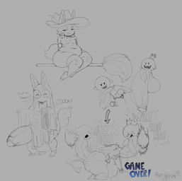 ambiguous_gender anthro balls belly big_balls big_penis black_text blue_text bodily_fluids broom cleaning_tool clothing costume crown dialogue dot_pupils ear_piercing ear_ring exclamation_point eyebrows eyes_closed eyewear flashlight floating fur genitals ghost_costume glans glasses grey_background group half-closed_eyes halloween_costume hat headgear headwear holding_flashlight holding_object holidays huge_balls huge_penis humanoid_genitalia humanoid_penis looking_at_another looking_away male male/ambiguous narrowed_eyes nude open_mouth open_smile oral oral_penetration penetration penile penile_penetration penis piercing ring_piercing saliva sex simple_background sitting smile speech_bubble tail text tongue tongue_out witch_hat cofficremer halloween mario_bros nintendo coffi_(cofficremer) boo_(mario) canid canine fox mammal 2025 absurd_res english_text hi_res