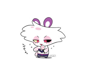 3_arms candy chibi clothed clothing dessert fake_ears fake_rabbit_ears food holding_candy holding_food holding_lollipop holding_object lollipop male multi_arm multi_limb simple_background solo white_background enaic31 hazbin_hotel hellaverse angel_dust arachnid arthropod demon humanoid spider