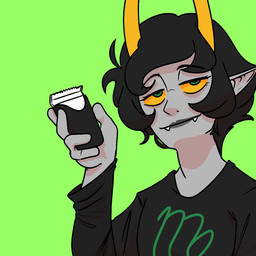 astrological_symbol electric_shaver fangs female green_background green_eyes grey_body grey_skin horn lipstick makeup pointy_ears simple_background smile solo symbol teeth virgo_(symbol) western_zodiac_symbol cheetoeater conditional_dnp homestuck ms_paint_adventures western_zodiac kanaya_maryam alien humanoid troll_(homestuck) 1:1