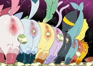 anus black_body blue_body bodily_fluids butt egg faceless_character female feral fur genital_fluids genitals group motion_lines oviposition purple_body quadruped raised_tail red_body standing tail vaginal_fluids vulva yellow_body dagasi nintendo pokemon eevee eeveelution espeon flareon generation_1_pokemon generation_2_pokemon generation_4_pokemon generation_6_pokemon glaceon jolteon leafeon pokemon_(species) sylveon umbreon vaporeon hi_res