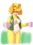 anthro areola bottomless breasts clothed clothing coffee_mug erect_nipples eyewear female fluffy_pubes fur genitals glasses navel nipples one_eye_closed open_clothing open_shirt open_topwear pubes pussy shirt simple_background solo tongue tongue_out topwear wink yellow_body yellow_fur minus8 animal_crossing nintendo isabelle_(animal_crossing) canid canine canis domestic_dog mammal shih_tzu toy_dog 2017 digital_media_(artwork)