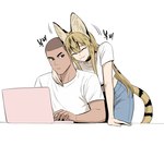 ^w^ animal_ears animal_tail arm_around_neck behaving_like_a_cat blonde_hair bottomwear brown_eyes clothing computer crop_top denim denim_bottomwear denim_clothing duo electronics female female_humanoid hair head_rub jeans laptop leaning_on_hand long_hair looking_at_another male male/female male_human midriff motion_lines orange_eyes pants shaved_head shirt simple_background t-shirt tail text topwear white_background white_clothing white_shirt white_t-shirt white_topwear gegegekman serval's_boyfriend_(gegegekman) serval_(gegegekman) animal_humanoid felid felid_humanoid feline feline_humanoid human humanoid mammal mammal_humanoid serval_humanoid tailed_humanoid 2024 artist_name cel_shading hi_res korean_text shaded