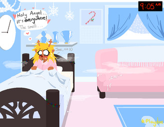 anthro antlers aroused bedhead bedroom blonde_hair blush bodily_fluids clothed clothed_anthro clothed_female clothing cum cum_everywhere cum_on_body cum_on_face cum_stain dialogue female female_anthro genital_fluids hair heart_symbol horn inner_monologue messy morning musk pajamas scenery snow snowing solo thinking thought_bubble time window playdoe deltarune undertale_(series) noelle_holiday deer mammal new_world_deer reindeer trans_(lore) trans_woman_(lore)