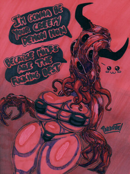 4_eyes big_breasts bikini breast_squish breasts bulging_breasts claws clothed clothing dialogue eye_patch_bikini female fingers horn huge_breasts looking_at_viewer mature_female multi_eye nightmare_fuel red_background red_body red_skin simple_background skimpy skimpy_bikini solo squish swimwear talking_to_viewer text thick_thighs two-piece_swimsuit under_boob wide_hips parasitedeath demon demon_humanoid horned_humanoid humanoid monster monstrous_demon monstrous_humanoid 2023 artist_name english_text hi_res signature traditional_media_(artwork)