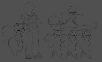 antennae_(anatomy) anthro big_butt bodily_fluids buckteeth butt clothing dark_eyes eyeliner female group makeup male on_top size_difference smile squirrel_tail sweat sweatdrop teeth thick_thighs mamasoyanini alien human hybrid mammal rodent sciurid tree_squirrel monochrome sketch