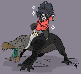 ambiguous_feral ambiguous_gender beak black_body black_claws black_clothing black_hair black_nails black_scales brown_beak claws clothed clothing colored_nails duo eyewear female female_human feral green_mouth grey_body grey_scales hair nails on_top_of_another quadruped red_clothing scales sunglasses domadordedinoss alien human mammal monster 2023 hi_res signature