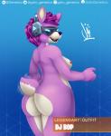 absurd_res alpaca anthro big_butt blue_background blue_eyes breasts butt camelid clothed clothing digital_media_(artwork) dj_bop electronics epic_games eyewear female fortnite fur gatogenerico glasses hair headphones hi_res huge_butt looking_at_viewer looking_back mammal nipples nude open_mouth pink_body pink_fur portrait purple_body short_hair simple_background smile solo tail tail_motion tailwag three-quarter_portrait tongue