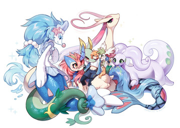 1_horn ambiguous_feral ambiguous_gender antennae_(anatomy) anthro arm_around_shoulders biped bipedal_feral blonde_hair blush blush_lines closed_smile clothed clothed_female clothed_human clothing countershade_torso countershading cute_fangs entwined_tails eyelashes fangs female feral fin fur green_body green_eyes green_scales group hair horn larger_feral legless long_hair looking_at_another looking_at_viewer lying mouth_closed nibbling nuzzling on_another on_front one_eye_closed open_mouth open_smile orange_eyes pink_eyes purple_body quadruped red_eyes red_hair scales semi-anthro serpentine short_hair simple_background size_difference smaller_female smaller_feral smaller_human smile snout sparkles split_form tail tail_coil tan_body tan_fur tan_skin teal_hair teeth white_background white_body white_fur wink winking_at_viewer swaybat nintendo pokemon keyeswood xiaomu_(keyeswood) aquatic equid equine generation_3_pokemon generation_4_pokemon generation_5_pokemon generation_6_pokemon generation_7_pokemon goodra human keldeo keldeo_(resolute_form) legendary_pokemon mammal merfolk milotic pokemon_(species) primarina reptile scalie serperior shaymin sky_forme_shaymin snake 2026 digital_drawing_(artwork) digital_media_(artwork) english_description hi_res