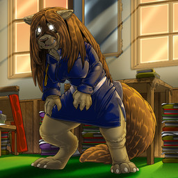 5_claws 5_fingers 5_toes anthro big_breasts biped blue_clothing book breasts brown_tail claws clothed clothed_anthro clothed_female clothing detailed_background digitigrade fangs feet female finger_claws fingers front_view fur furniture glowing glowing_eyes hair inside light light_beam long_hair mirror nipple_outline pile_of_books smile snout solo standing sunbeam sunlight table tail tan_body tan_claws tan_ears tan_fur teeth toe_claws toes white_claws white_eyes window wood wood_furniture wood_table kitsune_youkai fullmetal_alchemist nina_tucker canid canine canis chimera domestic_dog mammal tucker_chimera_(fma) 1:1 2026 digital_media_(artwork)