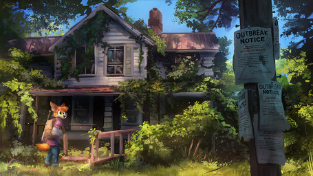 amazing_background ambiguous_gender anthro backpack baseball_bat bat_(object) bottomwear building clothed clothing day detailed_background forest fur green_eyes house jacket nature orange_body orange_fur outside pants plant post-apocalyptic ruins scenery_porn sky solo standing topwear tree utility_pole white_body white_fur jacato canid canine fox mammal 16:9 2019 absurd_res detailed digital_media_(artwork) digital_painting_(artwork) hi_res painting_(artwork) widescreen