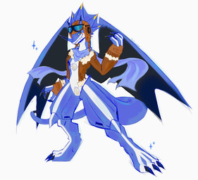 ambiguous_gender anthro aviator_cap blue_body blue_eyes blue_scarf claws countershading eyewear goggles scarf simple_background solo tail thick_thighs white_background white_body white_countershading wings l4dy_stardust bandai_namco digimon digimon_(species) kausgammamon hi_res