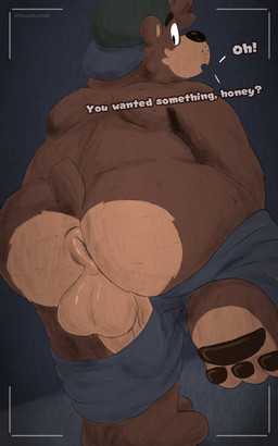 anthro anus backsack backwards_baseball_cap backwards_hat balls baseball_cap bottomwear bottomwear_down brown_body brown_fur butt camera_view clothed clothing countershade_butt countershading dialogue fur genitals hat headgear headwear looking_at_viewer looking_back looking_back_at_viewer male overweight overweight_male pants pants_down partially_clothed pawpads puffy_anus raised_leg rear_view shirtless solo surprised text undressing tombutad tomoso bear mammal 2023 5:8 digital_media_(artwork) english_text full-length_portrait hi_res portrait
