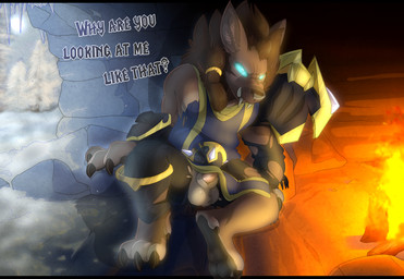 3_toes animal_genitalia anthro balls blue_eyes cave claws clothed clothing detailed_background dialogue feet fire first_person_view fur genitals hair looking_at_viewer male muscular muscular_male outside penis sheath sitting snow solo talking_to_viewer teeth text toe_claws toes backsash blizzard_entertainment warcraft canid mammal werecanid werecreature worgen 2019 absurd_res digital_media_(artwork) english_text full-length_portrait hi_res portrait