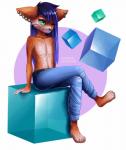 anthro biped clothed clothing ear_piercing fur hair long_hair male piercing sitting smile solo topless cardinal_screen canid canine fox mammal hi_res