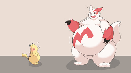 anthro belly belly_expansion big_belly blush bodily_fluids cheek_tuft claws crotch_tuft crumbs cute_fangs duo expansion facial_tuft fangs fur hand_on_belly huge_belly interrobang looking_at_another love_handles male moobs multicolored_body multicolored_fur navel nude obese obese_anthro obese_male oblivious open_mouth overweight overweight_anthro overweight_male question_mark red_body red_fur red_sclera simple_background size_difference smile standing surprised sweat sweatdrop tail tan_background teeth thick_thighs tuft two_tone_body two_tone_fur weight_gain white_body white_fur wide_hips 0907_kapi nintendo pokemon generation_1_pokemon generation_3_pokemon pikachu pokemon_(species) zangoose 16:9 2023 absurd_res digital_media_(artwork) hi_res japanese_description translated_description widescreen