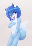 alternate_species anthro blue_body blue_eyes blue_fur blue_hair blush covering female flat_chested fur furrification hair kemono loli navel open_mouth short_hair solo standing young young_anthro mcsadat touhou cirno canid canine fox mammal hi_res