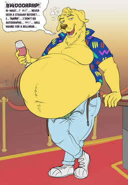 alcohol anthro arm_support belly belt beverage big_belly bottomwear bulge burping clothed clothing controller denim denim_bottomwear denim_clothing dialogue drunk fangs footwear fur game_controller glass holding_controller holding_game_controller holding_object jacket jeans looking_at_viewer love_handles male moobs navel open_bottomwear open_clothing open_pants overweight pants shoes solo substance_intoxication teeth text tight_clothing topwear wine yellow_body yellow_fur eggo21 bojack_horseman netflix mr._peanutbutter bird_dog canid canine canis domestic_dog hunting_dog labrador mammal retriever 2022 absurd_res english_text hi_res