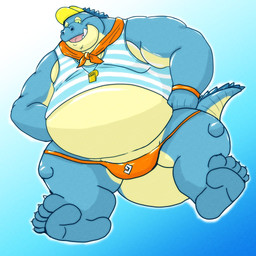 anthro ascot belly blue_body blue_scales bulge claws clothing feet green_eyes hat headgear headwear male muscular muscular_arms overweight overweight_male pattern_clothing pattern_shirt pattern_topwear scales shirt soles solo speedo striped_clothing striped_shirt striped_topwear stripes swimwear tank_top topwear visor_cap whistle_(object) usikuma6 lifewonders tokyo_afterschool_summoners makara_(tas) crocodile crocodilian reptile scalie 1:1