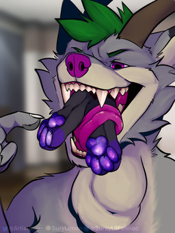 anthro black_body black_fur blurred_background close-up cosmic_paws dominant duo fangs fur green_hair grey_body grey_fur hair large_prey larger_pred male male/male oral_vore pawpads paws pink_eyes pink_nose purple_body purple_fur purple_pawpads simple_background size_difference smug_expression soft_vore sparkles swallowing teeth text throat tongue vore surylimon kitsunaki ventis canid canine canis fox hybrid mammal wolf 2023 artist_name hi_res