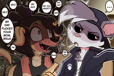 anthro backwards_baseball_cap backwards_hat baseball_cap black_hair black_sclera bottomwear brown_body brown_fur camo camo_bottomwear camo_clothing camo_pants camo_print cigarette clothed clothing dialogue duo ear_piercing ear_ring female floppy_ears frown fully_clothed fur grey_body grey_fur hair hat headgear headwear jacket male pants pattern_bottomwear pattern_clothing pattern_pants piercing ring_piercing shirt smoking smoking_cigarette speech_bubble tank_top teasing topwear canaryprimary maverick_(nami955) robyn_(canaryprimary) canid canine canis domestic_cat domestic_dog felid feline felis mammal hi_res trans_(lore) trans_man_(lore)
