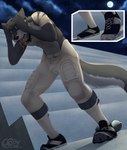 4_toes 5_fingers athletic_pants bandage bandaged_arm black_claws black_nose black_pawpads bleachers blue_eyes bodily_fluids bulge claws cleats close-up clothed clothing cloud collar cutaway detailed_bulge dipstick_tail drooling dutch_angle ears_down eyes_mostly_closed feet fingers fluffy fluffy_tail foot_growth football_pants footwear fur grey_body grey_fur hand_on_head head_grab hunched_over light logo low-angle_view male markings mid_transformation moonlight multicolored_body multicolored_fur narrowed_eyes navel night one_eye_closed outside pained_expression pawpads pecs piano_collar pivoted_ears saliva sky socks solo tail tail_markings tearing_clothing tight_clothing toe_claws toes tongue tongue_out topless torn_clothing torn_footwear torn_shoes torn_socks two_tone_body two_tone_fur fasttrack37d mythology canid canine mammal mythological_canine mythological_creature werecanid werecanine werecreature werewolf 2023 artist_logo comic hi_res multiple_scenes shaded soft_shading