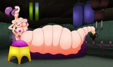 1_eye 6_breasts alternate_species annoyed big_breasts blush bodily_fluids breasts detailed_background embarrassed factory female implied_transformation inside lactating legless multi_arm multi_breast multi_limb nipples nude soft_drink solo transformation what_has_science_done elek-tronikz comedy_central futurama turanga_leela alien slurm_queen 2015 hi_res