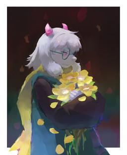 anthro black_sleeves clothed clothed_anthro clothing eyewear floppy_ears flower fully_clothed fully_clothed_anthro fur glasses green_clothing green_eyewear green_glasses holding_flower holding_object horn lop_ears male pink_horn plant round_glasses solo white_body white_fur ilikecanele deltarune undertale_(series) ralsei bovid caprine goat mammal 2026 absurd_res half-length_portrait hi_res portrait