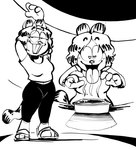 anthro anthrofied bottomwear clothed clothing crossgender female food footwear hair heart_symbol lasagna long_hair mtf_crossgender pants pasta shoes simple_background solo steam tongue yoga_pants creator_ant garfield_(series) garfield_the_cat domestic_cat felid feline felis mammal black_and_white hi_res monochrome sketch