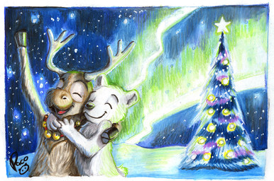 anthro aurora_(phenomenon) black_hooves brown_body brown_fur christmas_tree closed_smile duo eyes_closed fur holidays hooves hug logo male male_anthro mouth_closed nude open_mouth open_smile outside plant smile tree white_body white_fur pandapaco christmas bear deer mammal moose new_world_deer polar_bear ursine artist_logo signature