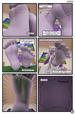 5_toes anthro barefoot bed clothed clothing dialogue duo extreme_size_difference feet female first_person_view foot_crush foot_fetish foot_focus foot_play fur furniture humanoid_feet looking_at_viewer micro plantigrade purple_body purple_fur size_difference soles speech_bubble stomping tail talking_to_viewer text toes underfoot yellow_eyes feetymcfoot sega sonic_the_hedgehog_(series) blaze_the_cat domestic_cat felid feline felis mammal 3d_(artwork) absurd_res comic digital_media_(artwork) english_text hi_res