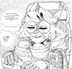 anthro beverage computer dialogue electronics energy_drink extreme_size_difference eyewear female glasses male micro size_difference solo text emmacat64 kitkat_(emmacat64) td_(character) alien domestic_cat felid feline felis mammal 2020 english_text greyscale hi_res monochrome