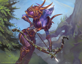 armor bow_(weapon) breasts cloud day female hair holding_bow_(weapon) holding_object holding_ranged_weapon holding_weapon humanoid_pointy_ears looking_up not_furry outside pauldron plant pointy_ears purple_armor purple_body ranged_weapon solo tree weapon white_hair luke_mancini blizzard_entertainment warcraft world_of_warcraft_trading_card_game elf humanoid night_elf 2012 official_art