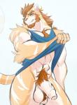 anthro balls beard bottomless clothed clothing facial_hair foreskin genitals half-erect humanoid_genitalia humanoid_penis male muscular muscular_anthro muscular_male penis pubes shirt smile solo standing tank_top topwear vein sora_png soraa_(character) zeiger felid mammal pantherine tiger hi_res