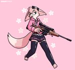 ambiguous_gender anthro barefoot bottomwear clothing eyewear feet glasses gun hoodie latex latex_clothing latex_legwear latex_stockings legwear ranged_weapon rifle round_glasses simple_background skirt sniper_rifle solo stockings topwear weapon frigadae canid canine fox mammal hi_res